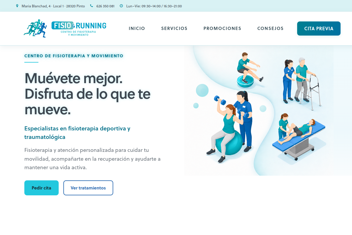 Cabecera y página de inicio de Fisio & Running, centro de fisioterapia y movimiento