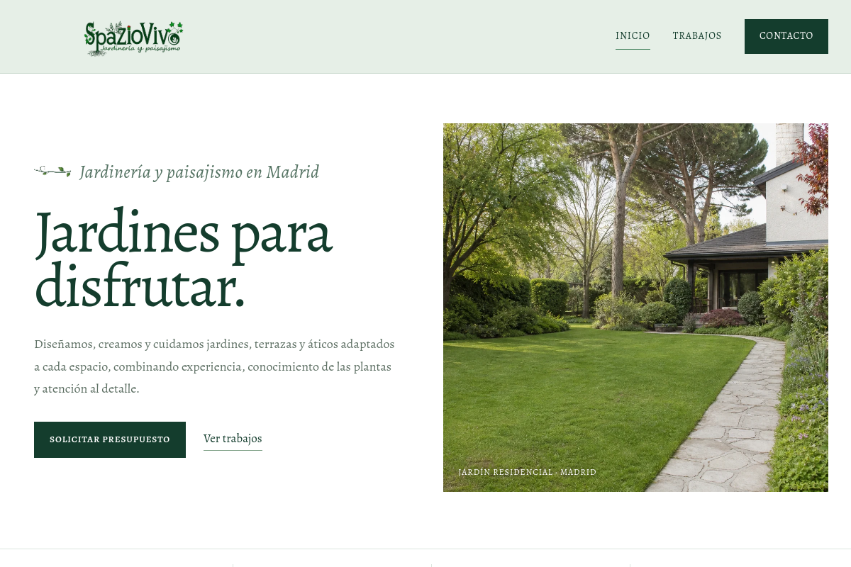 Cabecera y página de inicio de SpazioVivo, jardinería y paisajismo